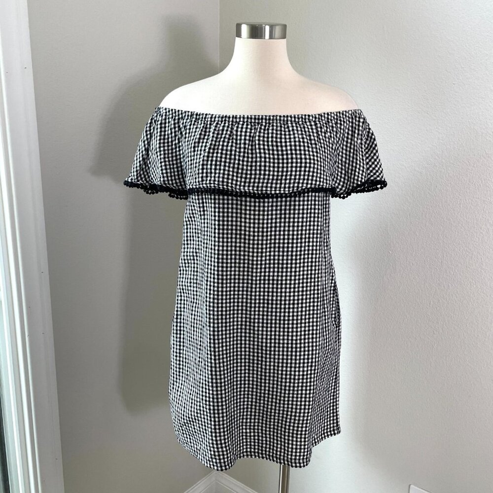 Tommy Bahama Womens XS Gingham Linen Blend Off The Shoulder Dress